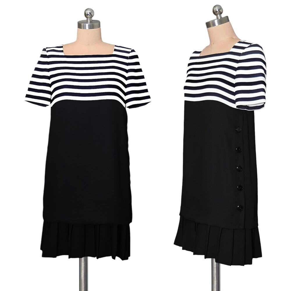 80's 90's Vintage LIZ CLAIBORNE STRIPED Button Side Pleated Dress 4 Petite 4P